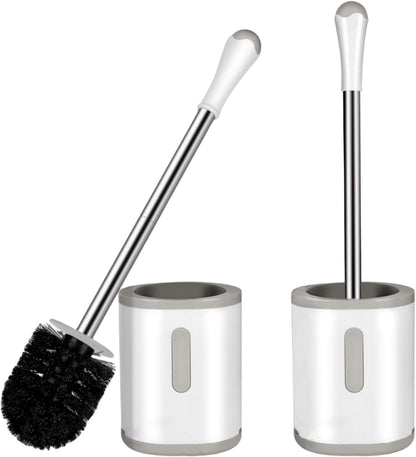 Compact Toilet Brush & Holder, Stainless Steel Handle, Space Saving for Storage, Deep Cleaning, Drip-Proof, Easy to Assemble, Nylon Bristles, White & Grey