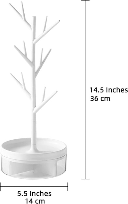 Branch Jewelry Rack With Rotatable Base and Storage Box Tree Tower Rack Hanging Organizer for Ring Earrings Necklace Bracelet,Suitable for living rooms, bathrooms,offices,etc.