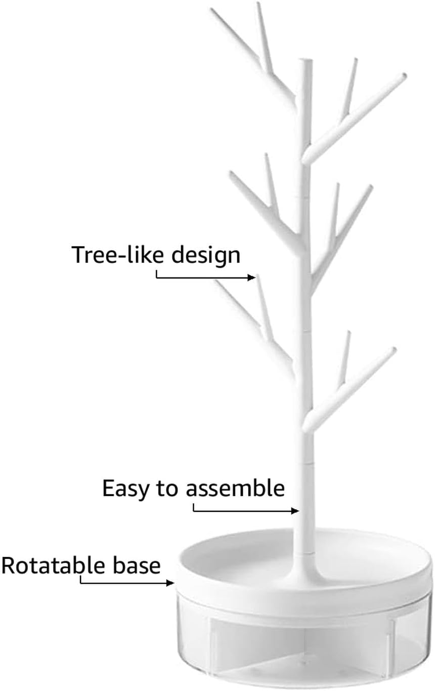 Branch Jewelry Rack With Rotatable Base and Storage Box Tree Tower Rack Hanging Organizer for Ring Earrings Necklace Bracelet,Suitable for living rooms, bathrooms,offices,etc.