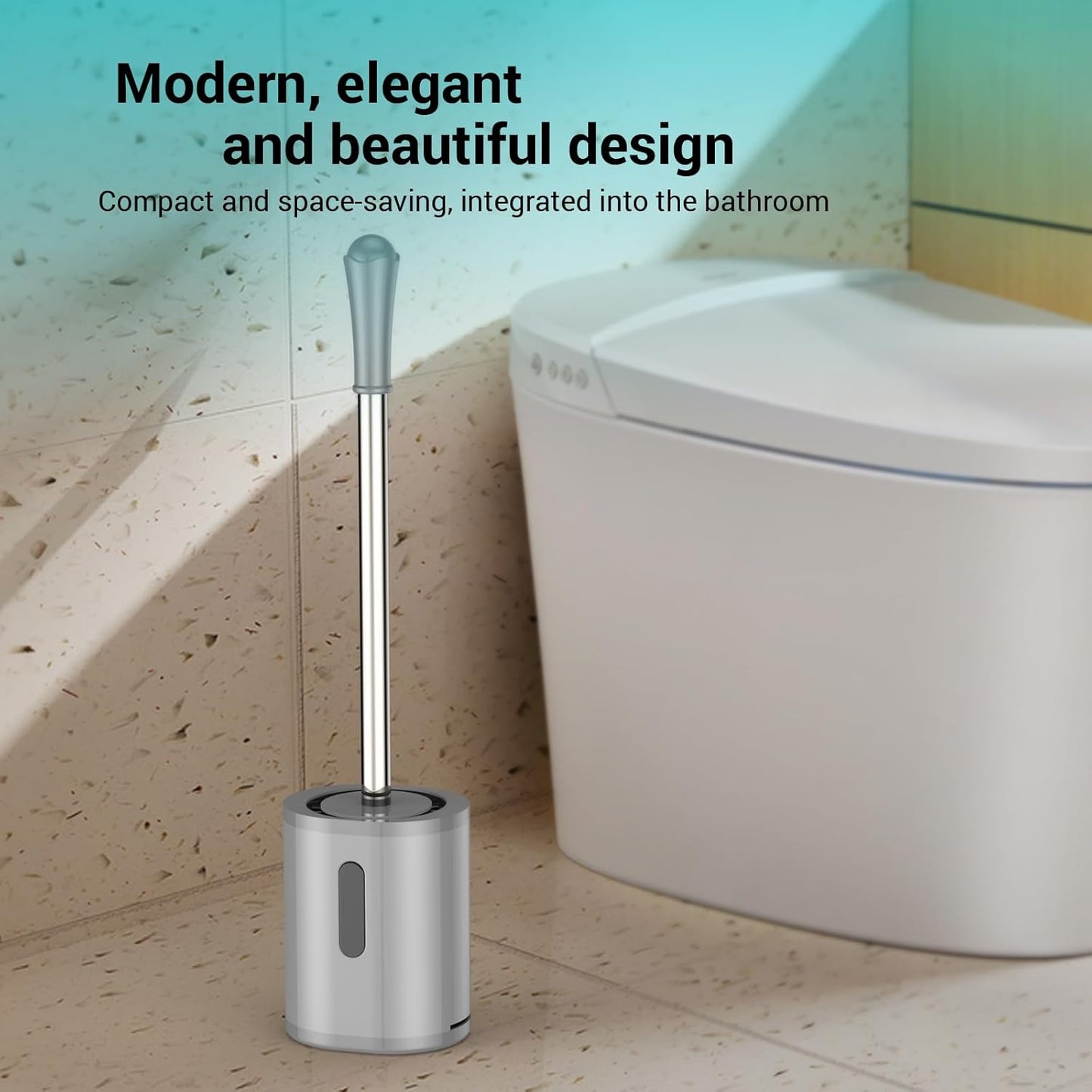 Compact Toilet Brush & Holder, Stainless Steel Handle, Space Saving for Storage, Deep Cleaning, Drip-Proof, Easy to Assemble, Nylon Bristles, White & Grey