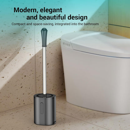 Compact Toilet Brush & Holder, Stainless Steel Handle, Space Saving for Storage, Deep Cleaning, Drip-Proof, Easy to Assemble, Nylon Bristles, White & Grey