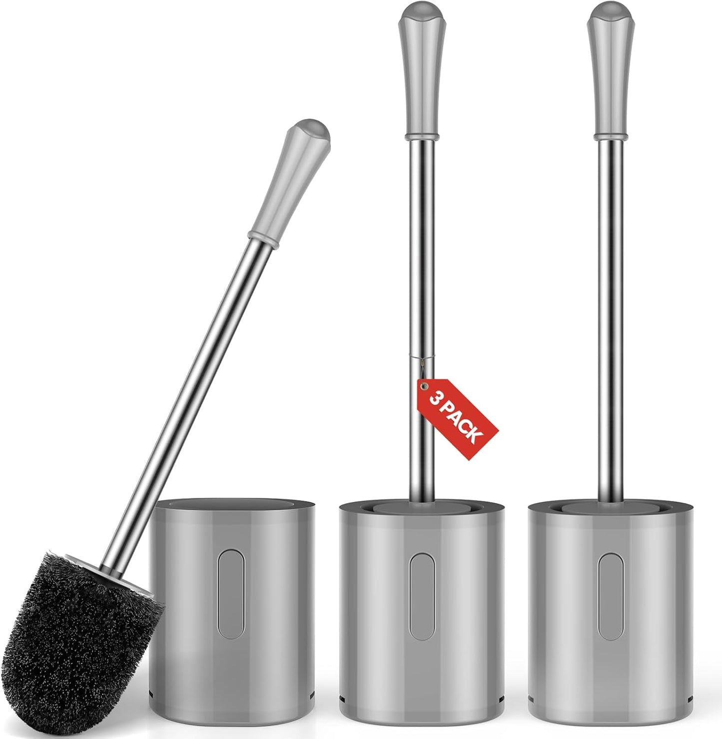 Compact Toilet Brush & Holder, Stainless Steel Handle, Space Saving for Storage, Deep Cleaning, Drip-Proof, Easy to Assemble, Nylon Bristles, White & Grey