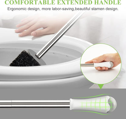 Compact Toilet Brush & Holder, Stainless Steel Handle, Space Saving for Storage, Deep Cleaning, Drip-Proof, Easy to Assemble, Nylon Bristles, White & Grey