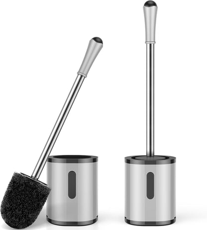 Compact Toilet Brush & Holder, Stainless Steel Handle, Space Saving for Storage, Deep Cleaning, Drip-Proof, Easy to Assemble, Nylon Bristles, White & Grey