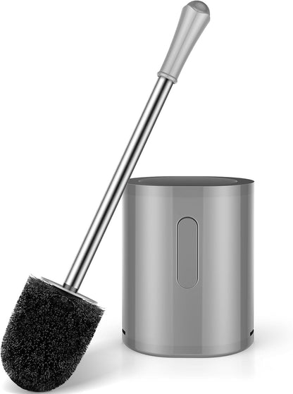 Compact Toilet Brush & Holder, Stainless Steel Handle, Space Saving for Storage, Deep Cleaning, Drip-Proof, Easy to Assemble, Nylon Bristles, White & Grey