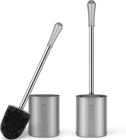 Compact Toilet Brush & Holder, Stainless Steel Handle, Space Saving for Storage, Deep Cleaning, Drip-Proof, Easy to Assemble, Nylon Bristles, White & Grey