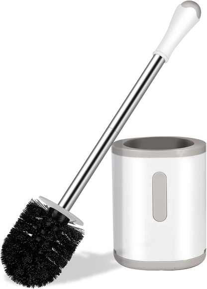 Compact Toilet Brush & Holder, Stainless Steel Handle, Space Saving for Storage, Deep Cleaning, Drip-Proof, Easy to Assemble, Nylon Bristles, White & Grey