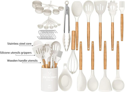 Umite Chef Kitchen Cooking Utensils Set, 33 pcs Non-Stick Silicone Cooking Kitchen Utensils Spatula Set with Holder, Wooden Handle Silicone Kitchen Gadgets Utensil Set (Khaki)