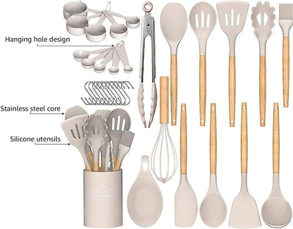 Umite Chef Kitchen Cooking Utensils Set, 33 pcs Non-Stick Silicone Cooking Kitchen Utensils Spatula Set with Holder, Wooden Handle Silicone Kitchen Gadgets Utensil Set (Khaki)