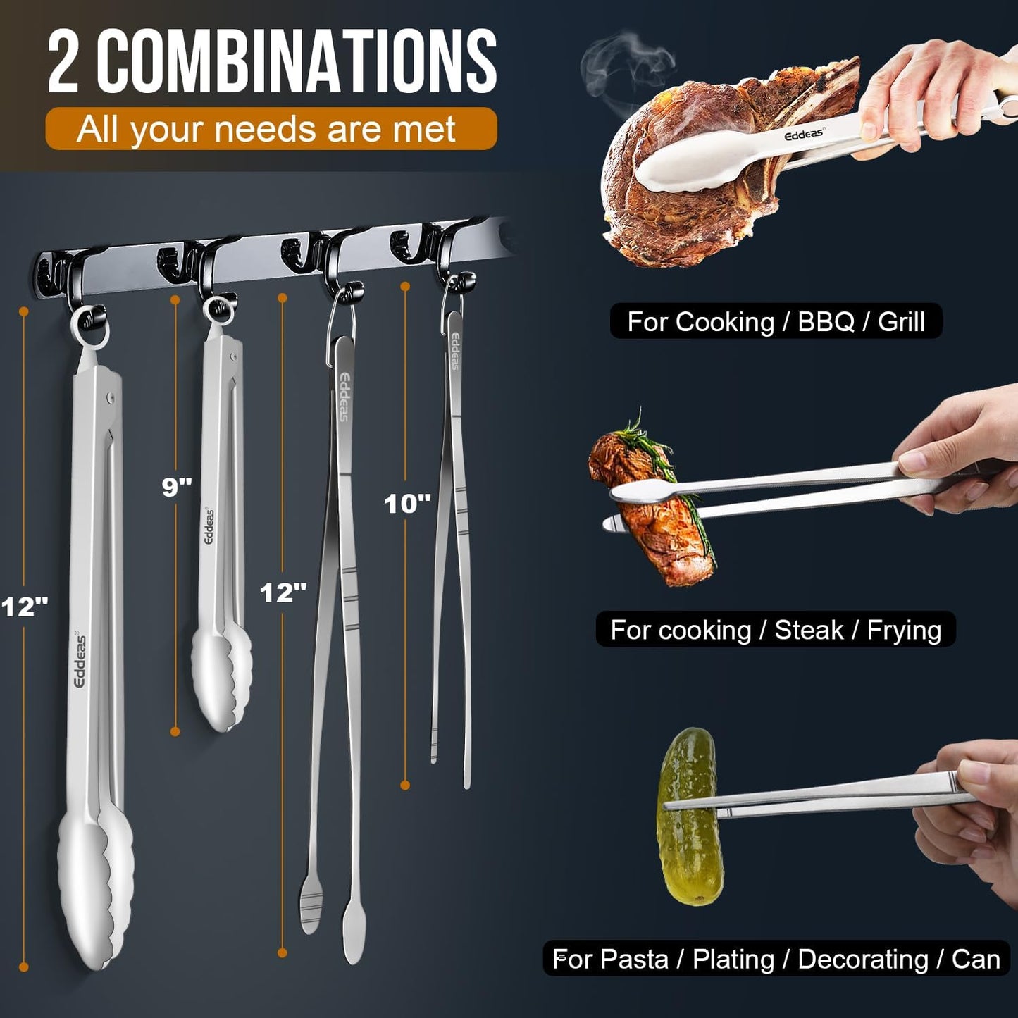 Tongs For Cooking - Heat Resistant 600 Degrees Stainless Steel Kitchen Tong,Heavy Duty Metal Locking Tongs - Perfect for Food,Salad and BBQ set of 3 (7",9" and 12") Dishwasher