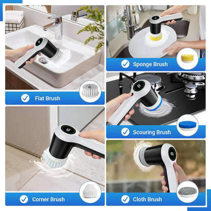 Electric Spin Scrubber, Cordless Shower Scrubber with Battery Level Display, 2 Speeds Electric Scrubber for Cleaning with 6 Replaceable Heads, Electric Cleaning Brush for Bathroom/Sink/Window