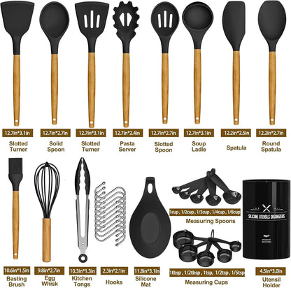 Umite Chef Kitchen Cooking Utensils Set, 33 pcs Non-Stick Silicone Cooking Kitchen Utensils Spatula Set with Holder, Wooden Handle Silicone Kitchen Gadgets Utensil Set (Khaki)