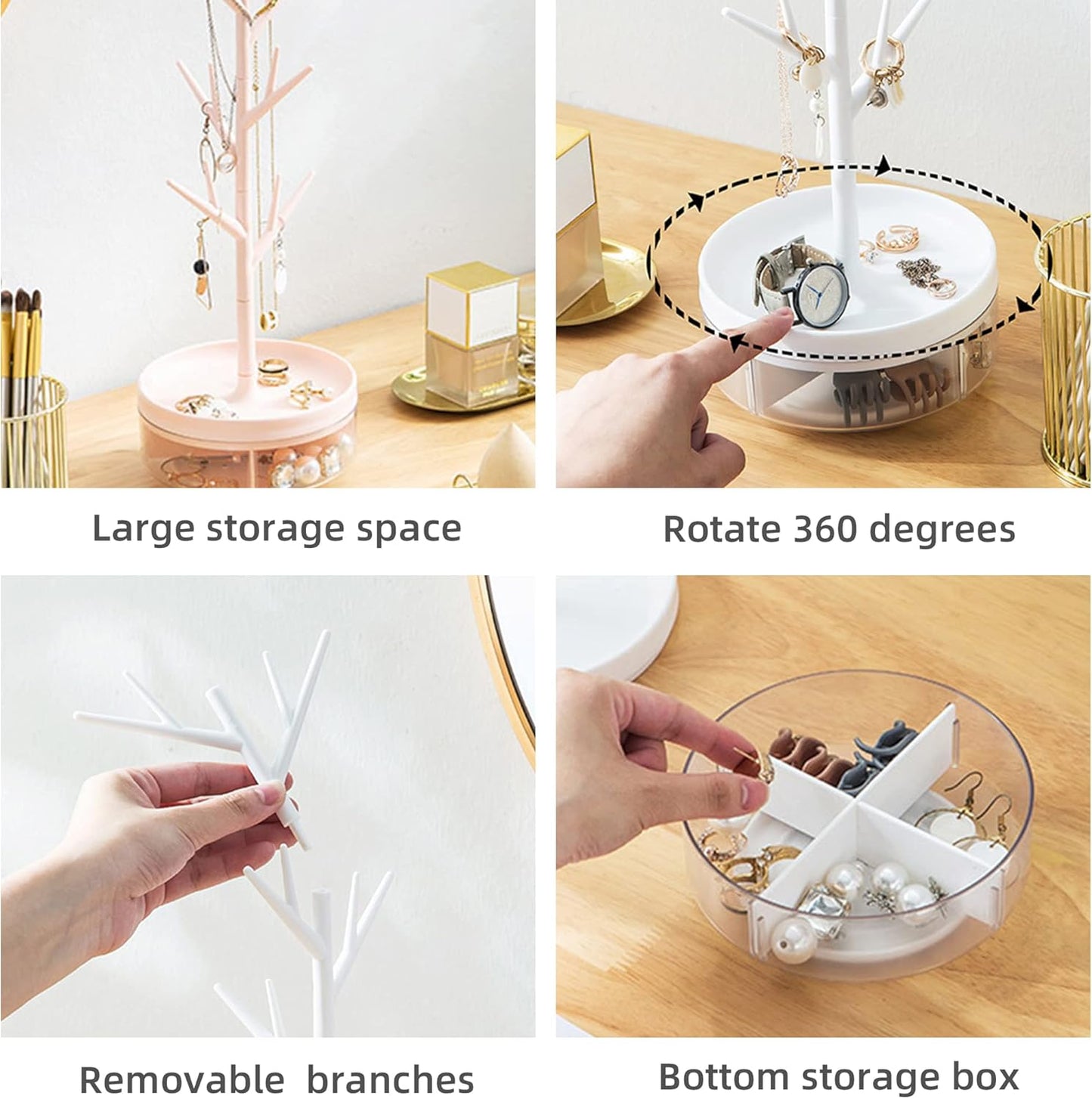 Branch Jewelry Rack With Rotatable Base and Storage Box Tree Tower Rack Hanging Organizer for Ring Earrings Necklace Bracelet,Suitable for living rooms, bathrooms,offices,etc.