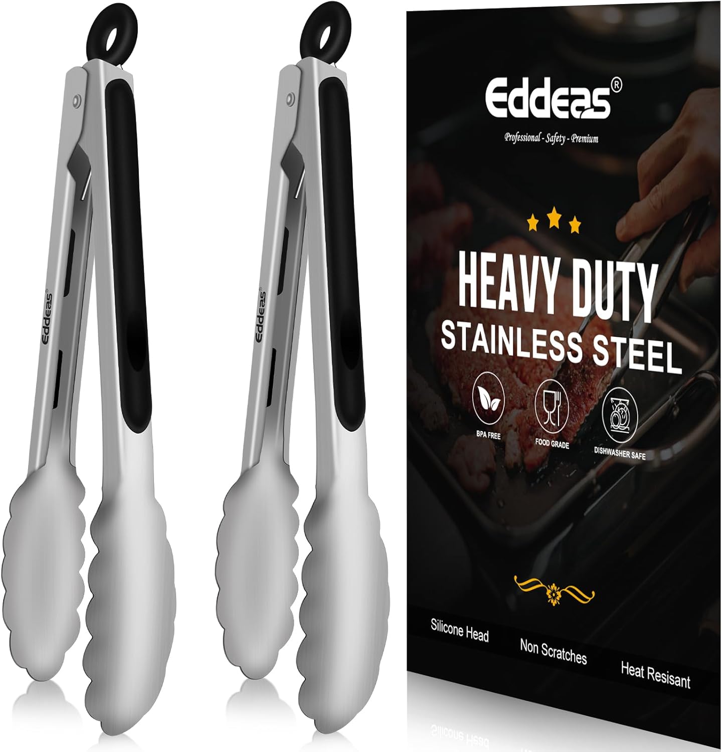 Tongs For Cooking - Heat Resistant 600 Degrees Stainless Steel Kitchen Tong,Heavy Duty Metal Locking Tongs - Perfect for Food,Salad and BBQ set of 3 (7",9" and 12") Dishwasher