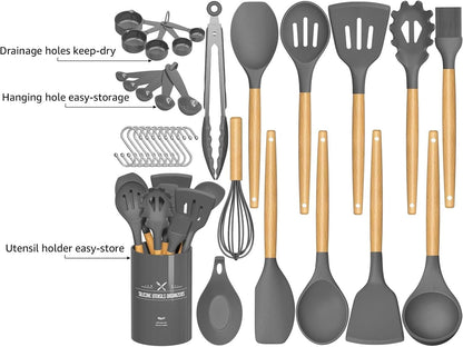 Umite Chef Kitchen Cooking Utensils Set, 33 pcs Non-Stick Silicone Cooking Kitchen Utensils Spatula Set with Holder, Wooden Handle Silicone Kitchen Gadgets Utensil Set (Khaki)