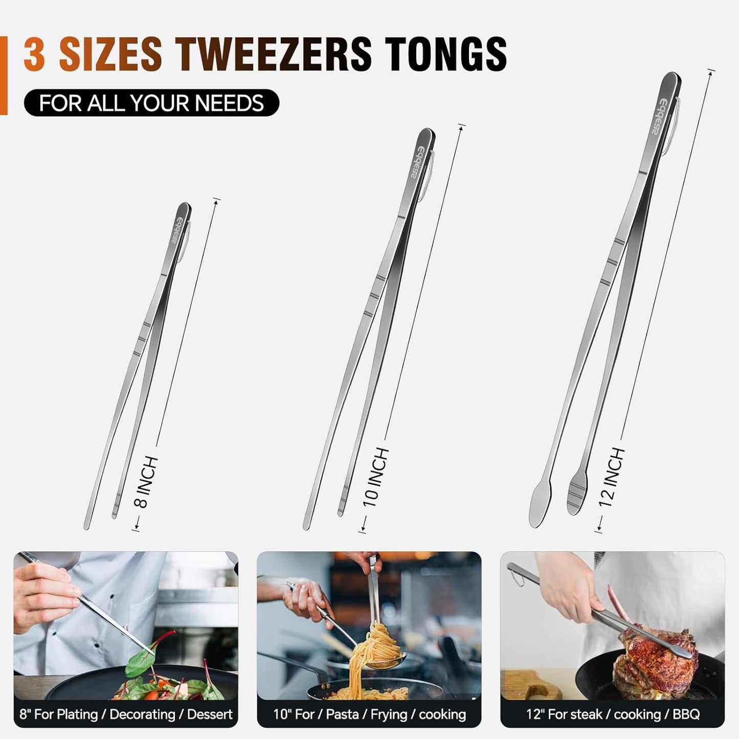 Tongs For Cooking - Heat Resistant 600 Degrees Stainless Steel Kitchen Tong,Heavy Duty Metal Locking Tongs - Perfect for Food,Salad and BBQ set of 3 (7",9" and 12") Dishwasher