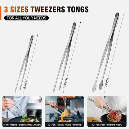 Tongs For Cooking - Heat Resistant 600 Degrees Stainless Steel Kitchen Tong,Heavy Duty Metal Locking Tongs - Perfect for Food,Salad and BBQ set of 3 (7",9" and 12") Dishwasher