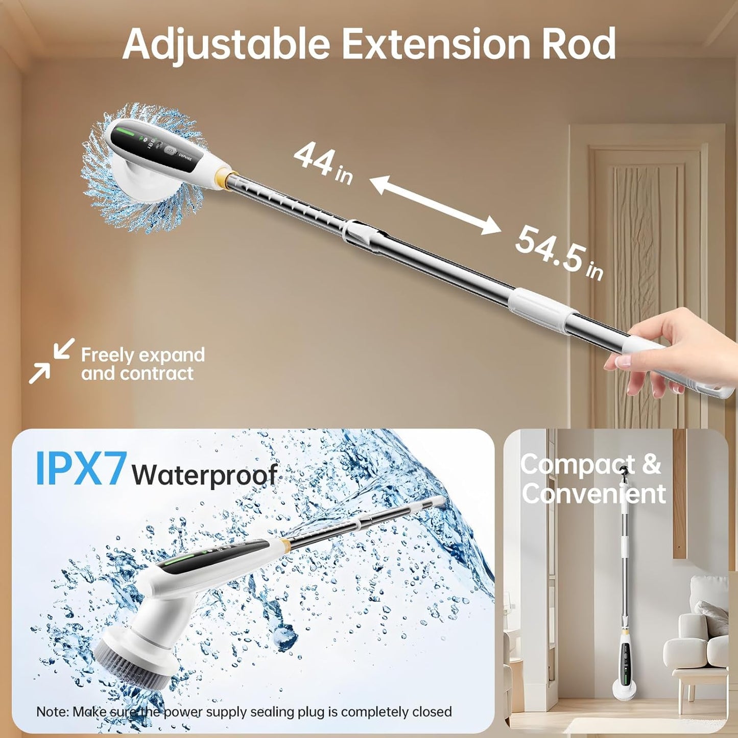 Electric Spin Scrubber, Quiet Cordless Shower Scrubber, 8 Replaceable Heads, Adjustable Extendable Pole, Dual-Speed Power Cleaning Brush with Long Handle for Bathroom Tile