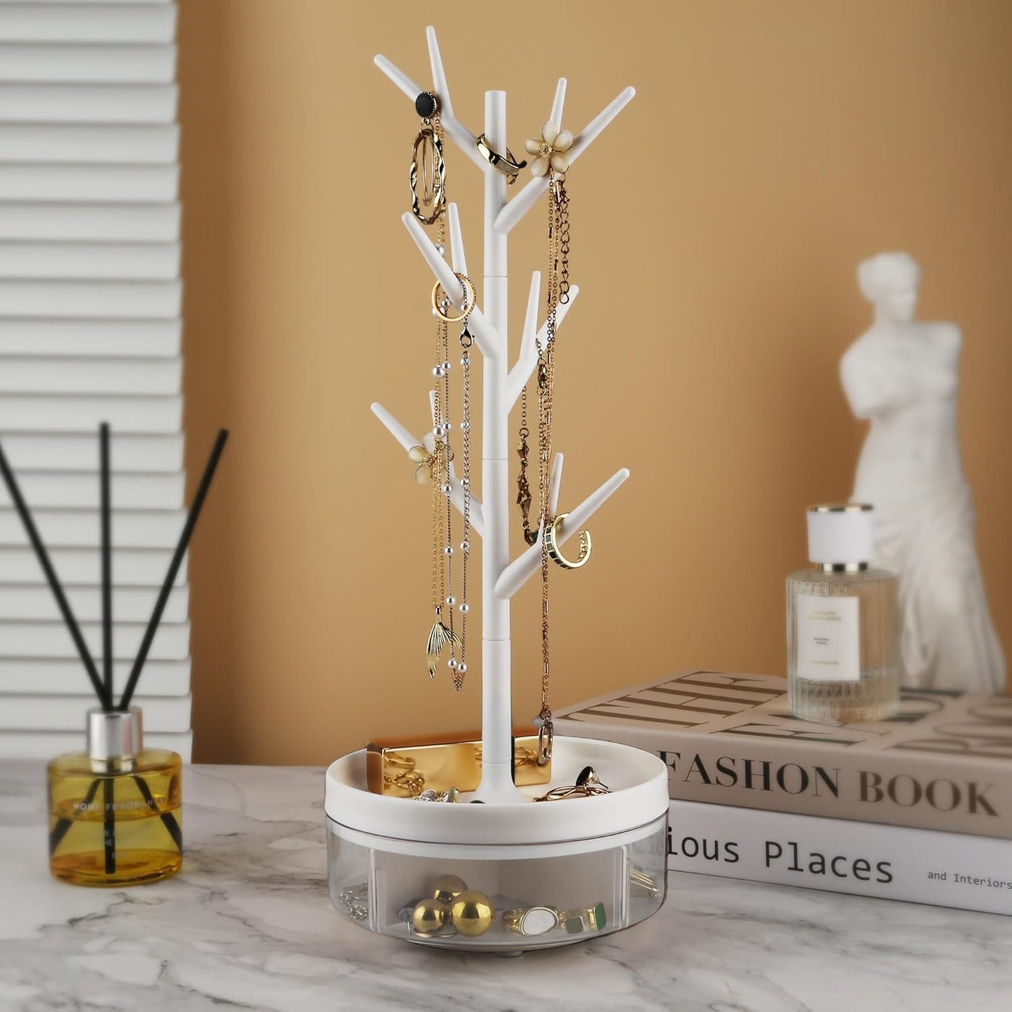 Branch Jewelry Rack With Rotatable Base and Storage Box Tree Tower Rack Hanging Organizer for Ring Earrings Necklace Bracelet,Suitable for living rooms, bathrooms,offices,etc.