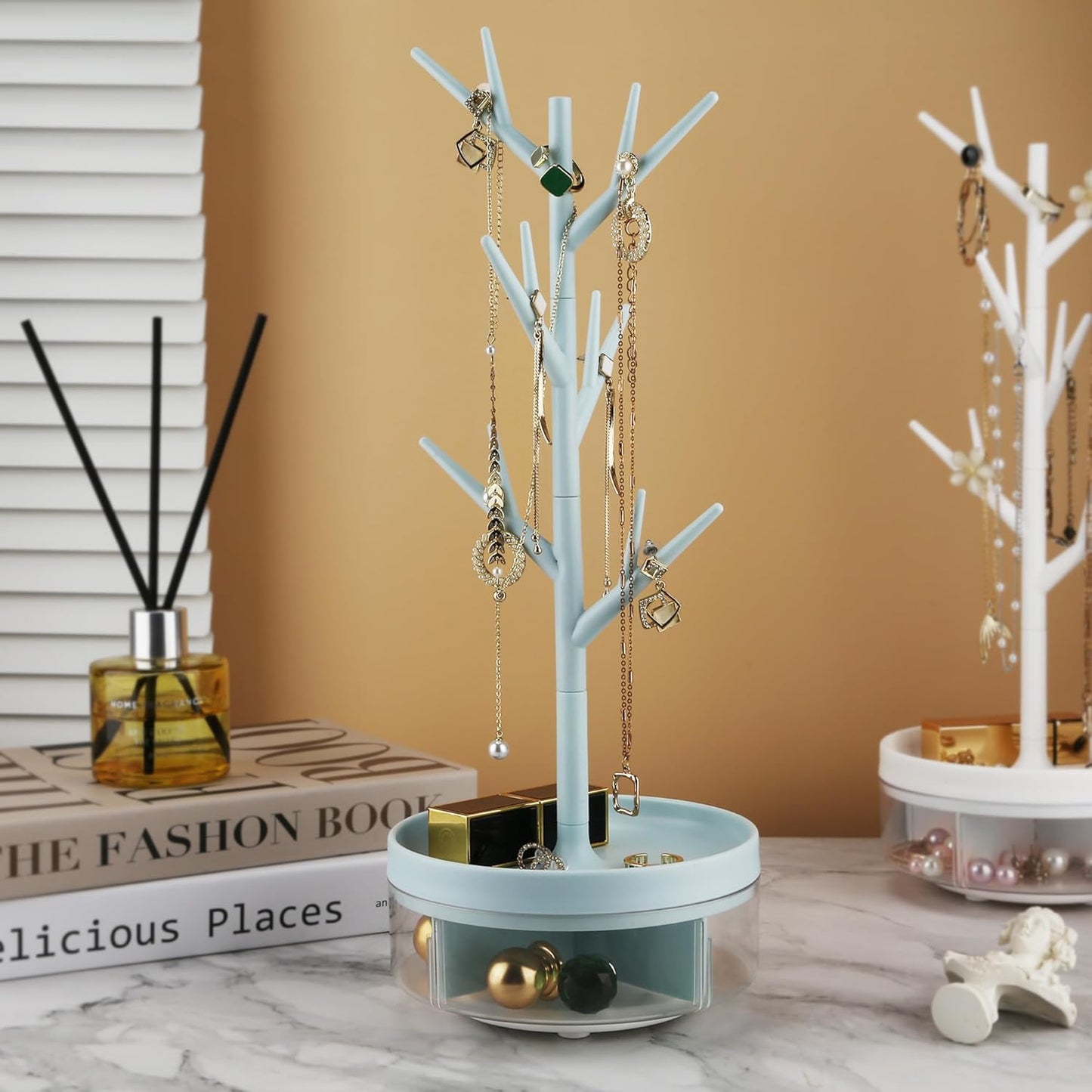 Branch Jewelry Rack With Rotatable Base and Storage Box Tree Tower Rack Hanging Organizer for Ring Earrings Necklace Bracelet,Suitable for living rooms, bathrooms,offices,etc.