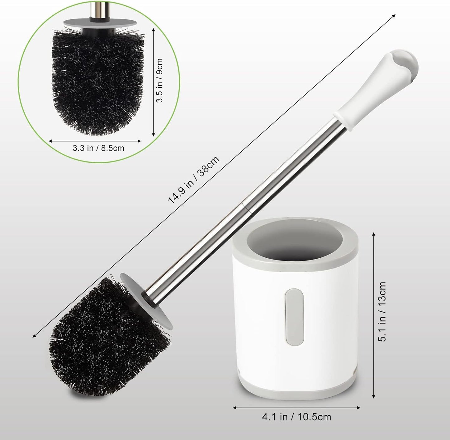 Compact Toilet Brush & Holder, Stainless Steel Handle, Space Saving for Storage, Deep Cleaning, Drip-Proof, Easy to Assemble, Nylon Bristles, White & Grey