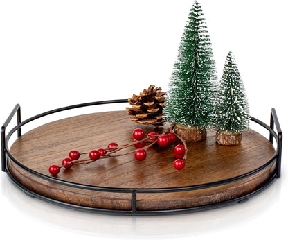 Decorative Wooden Tray - Beautiful Coffee Table Tray That Enhances Any Kitchen Or Living Room - The Perfect 11" Round Centerpiece for Your Seasonal Home Decorations